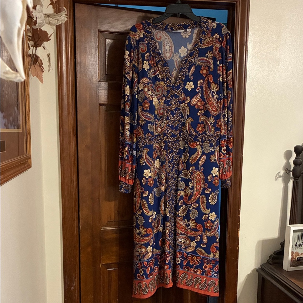 Susan Graver Navy Paisley Long-Sleeve Midi Dress with Red and Cream Accents